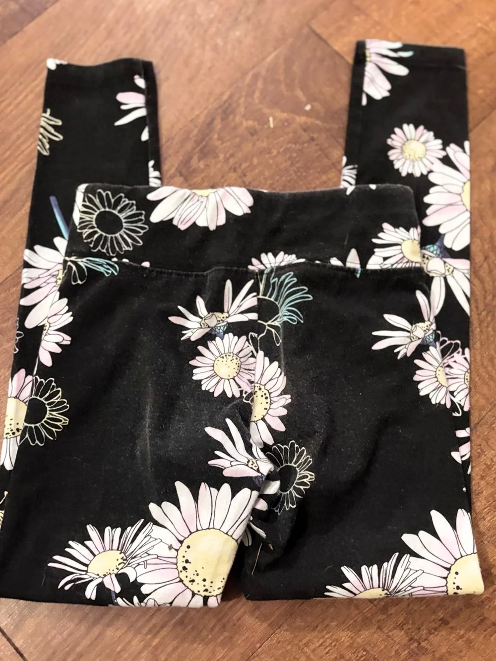 Justice Black Daisy Print Leggings with Pastel Accents